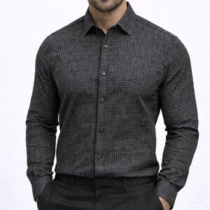 $98 Berto Romani London Mens Black Geometric Button Down Shirt Medium Classic